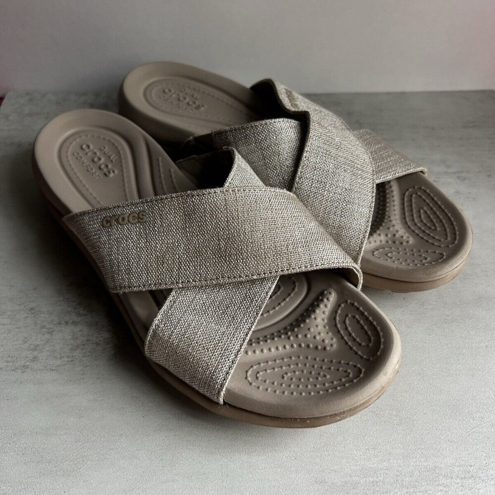 CROCS Women's Metallic Taupe Cross-Band Sandals - Picture 2 of 16